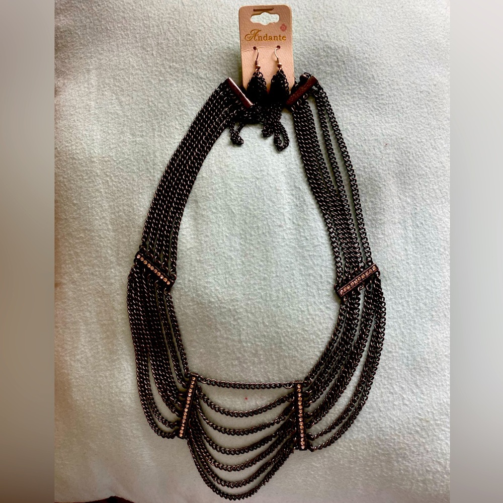 ANDANTE Gun Metal Multi Chain Necklace And Earrings